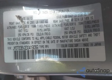 2013 Mazda Cx-9 Sport z USA, uszkodzony, nr VIN JM3TB3BV2D0419059